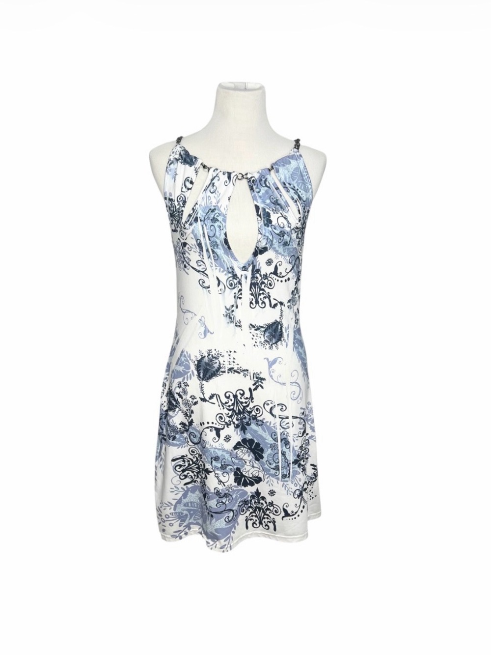 Cristinalove Blue & White Damask Chain-Neck Cutout Dress | Size Large